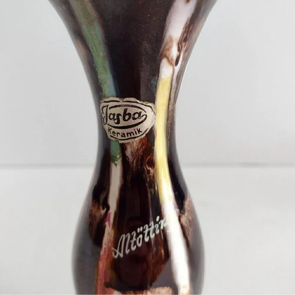 Vintage Jasbo Keramik Bud Vase Altotting Germany Brown Drip Glaze Mid Century